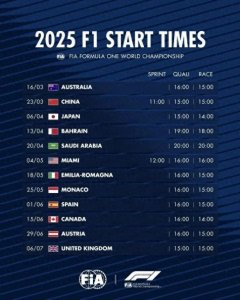​2025赛季F1世界锦标赛、中国大奖赛发车时间确定